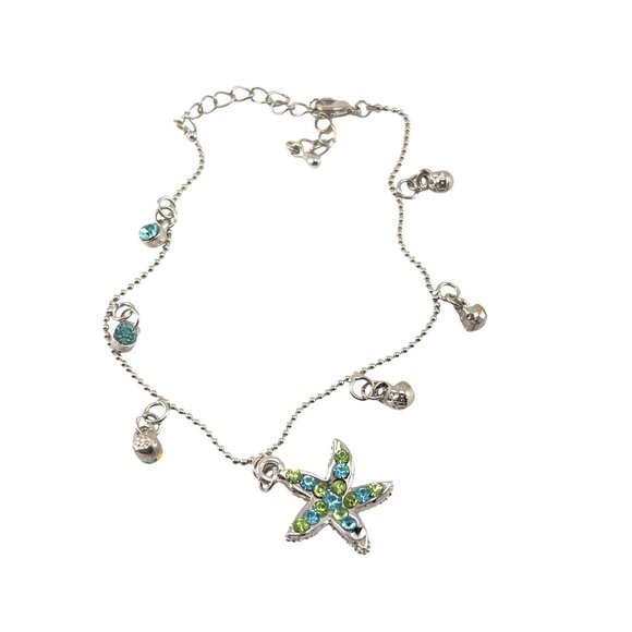 Starfish Adjustable Silver Anklet With Blue & Green Crystal Charms - Picture 5 of 5